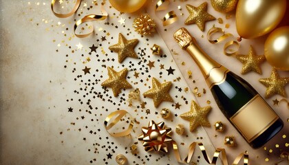 Celebration Background with Golden Champagne and Confetti