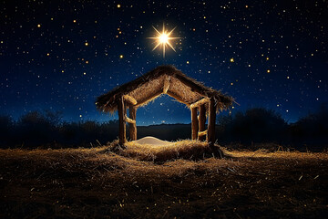 An empty manger and a bright star with backdrop of Christmas