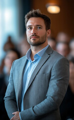 Obraz premium Businessman speaking at a conference, engaging the audience with a professional presentation