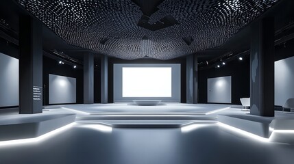 Stylish exhibition space with a central stage, white projection screens, angular steps, and a textured dark ceiling illuminated by modern lights