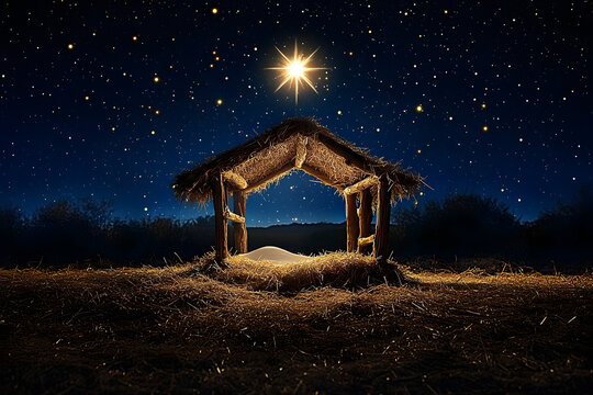 An empty manger and a bright star with backdrop of Christmas