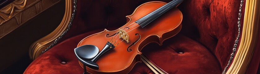 Fototapeta premium A violin rests elegantly on a plush red chair, showcasing its craftsmanship and beauty.