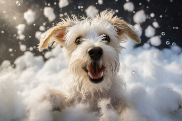 Cute puppy in bathtub with foam and soap bubbles pets grooming and cleaning concept generative AI