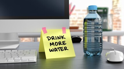 Note paper with the phrase ''Drink more water'' on a desk.