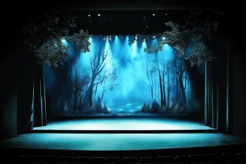 A theatrical stage set with a mystical forest backdrop and dramatic lighting.