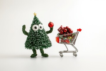 Christmas tree holding red decoration in hands and standing beside shopping cart full of red ornaments . Generative AI