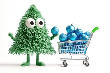 Green Christmas tree with long pine needles holding blue ornament in hands and standing beside shopping cart with blue Christmas decorations. Generative AI