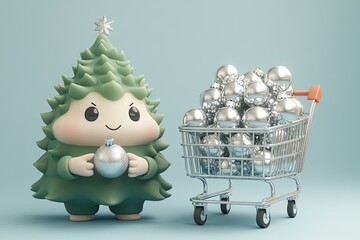 Cartoon styled Christmas tree holding a silver decoration in its hands. Generative AI