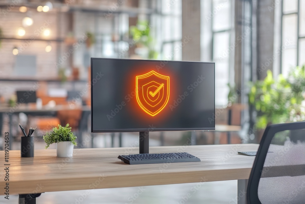 Poster digital security concept with shield and checkmark on modern computer screen in office workspace hig