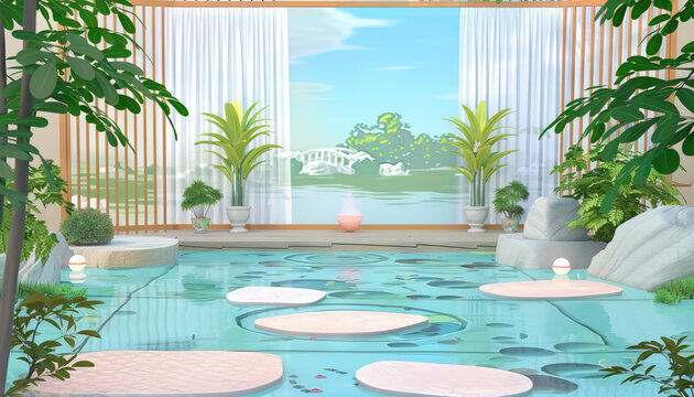 Health and Wellness Talk Show: A serene set with calming colors, natural elements like plants and water features, and a backdrop featuring serene nature scenes or relaxing spa environments