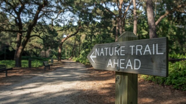 Wooden sign with phrase ''Nature Trail Ahead'', forest trail in the background.