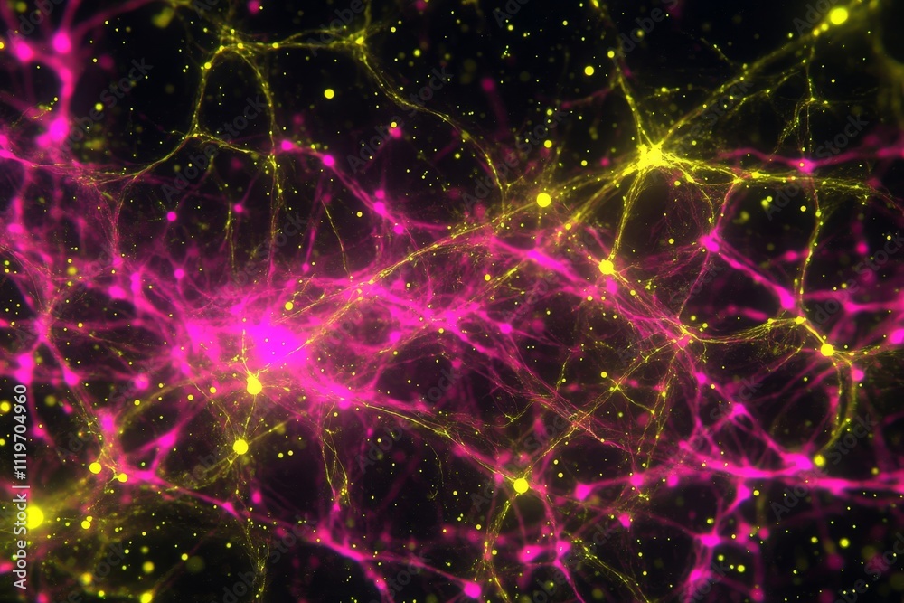 Poster abstract colorful neural network illustration showcasing vibrant pink and yellow connections on a da