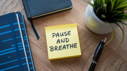 Yellow notepaper on a wooden table with the message ''Pause and breathe''.