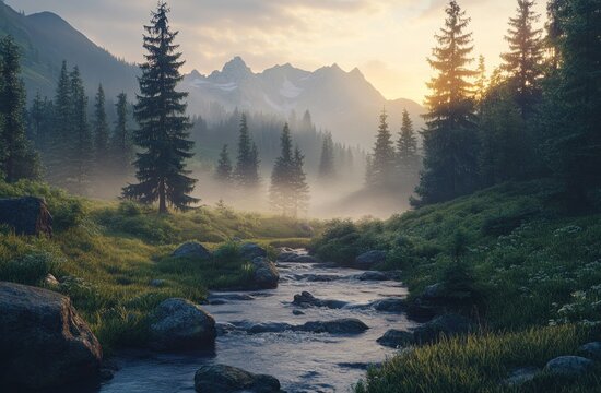 Serene mountain stream flows through misty forest landscape