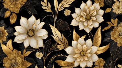 Elegant Gold and White Flowers Dark Background Design