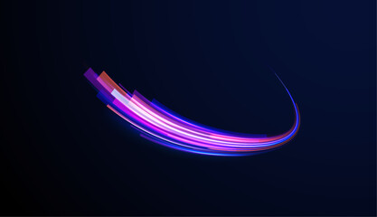 Magic bright shine glow of energy lines, shiny swirl power waves flow, electric trail glowing in dark backgrou.Abstract neon light motorway background. Light arc in neon colors, in the form of a turn.