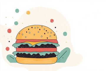 Playful burger illustration with lettuce, tomato, and cheese on whimsical off-white background, fun food art