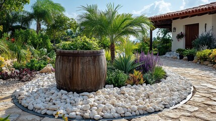 Naklejka premium Mediterranean garden design with a wooden barrel planter, white pebbles, and diverse plants.