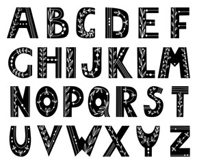 Hand-drawn Decorative Alphabet with Botanical floral pattern. Vector illustration. Isolated lettering letters perfect for creative and design.