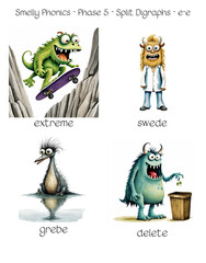 Smelly Phonics - Phase 5 - Split Digraphs - e-e - extreme, swede, grebe, delete