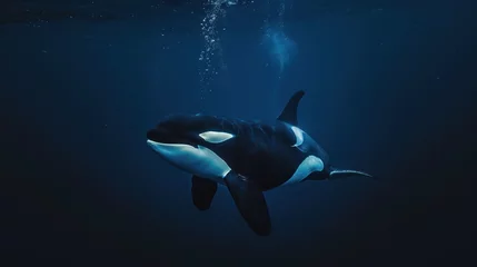 A single orca swimming in the deep blue ocean at night time