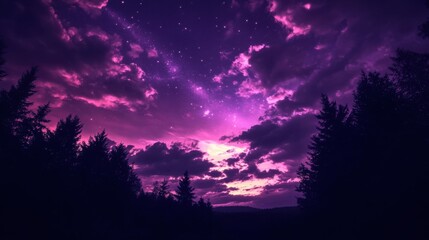 Fototapeta premium Magical Twilight Sky with Purple Clouds and Stars Over Silhouette of Pine Trees at Dusk