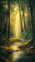 Obraz premium Sunlit Forest Stream A Peaceful Woodland Scene