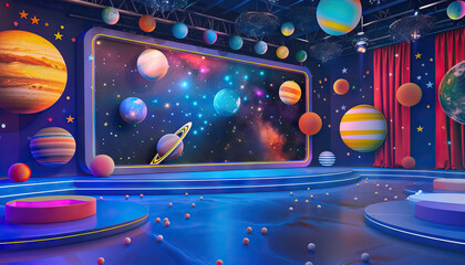 Space Exploration Talk Show Set: A cosmic set with space-themed decor, such as planets, stars, and a backdrop featuring galaxies or nebulae