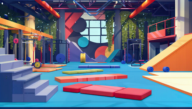 Fitness Challenge Talk Show Gym: A dynamic set designed like a fitness challenge arena, with workout stations, obstacle courses, and a backdrop featuring fitness challenges