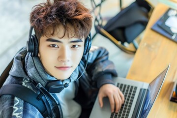 Young Man Wearing Headphones Working on Laptop at Home Office, Engaged in Online Activity While Smiling Cheerfully at Camera, Modern Workspace Background