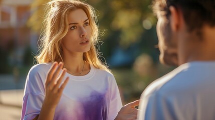 Woman raised hands in frustration talking to man outdoors closeup image. Serious discussion under soft sunlight close up photography. Couple heated conversation concept photo realistic