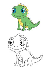 A fun and adorable coloring page featuring a cute little iguana with big eyes and a friendly smile, perfect for kids to color and enjoy, sparking creativity and imagination.