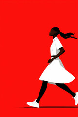 elegant female silhouette in a white dress striding forward, highlighted against a simple blue background
