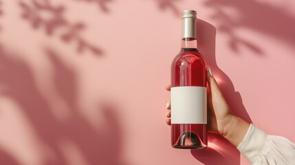Hand presenting wine bottle with blank label mockup against pink leaf shadows. Beverage branding template advertising image. Elegant composition. Mock up product photorealistic