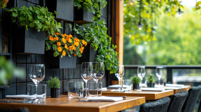Lush wall planters adorn outdoor restaurant, creating vibrant atmosphere. tables are elegantly set with glassware, inviting guests to enjoy delightful dining experience
