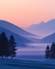 Obraz premium Serene sunrise over misty valley, silhouettes of evergreen trees in foreground.