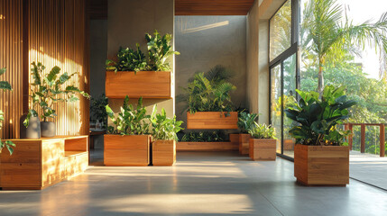 Modern indoor space featuring wooden planters with lush green plants, creating serene and vibrant atmosphere. Ideal for small spaces, these planters combine functionality and style