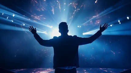 Energetic stage performer with bright backlighting image. Male speaker dramatically backlit by blue and white lights photography. Live performance concept photorealistic photo