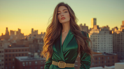 Stylish Woman in Green Satin Outfit at Sunset with Urban Skyline Backdrop
