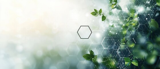 Abstract technology background with green hexagons and digital icons intersecting to symbolize modern innovation and environmental sustainability
