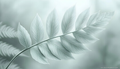 Single delicate fern frond, pastel green, soft focus background.