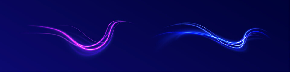 Vector glowing lines air flow effect. Light trail wave, fire path trace line, car lights, optic fiber and incandescence curve twirl. Big data traffic visualization, dynamic high speed, png, effect.
