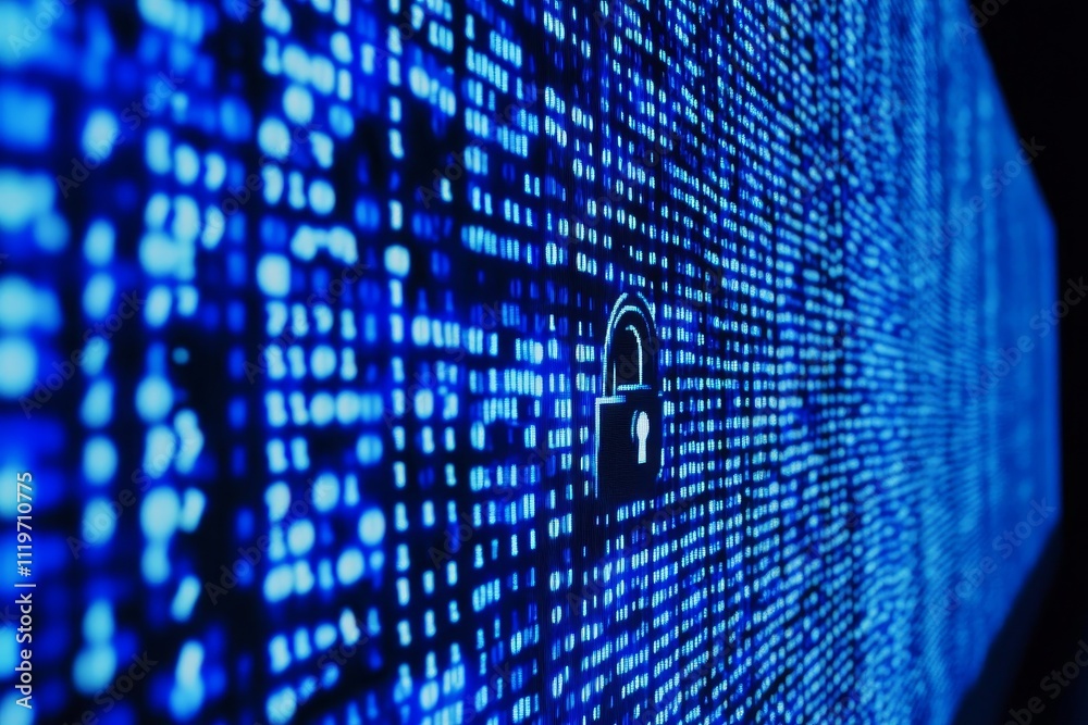 Poster digital security concept with data streams featuring a lock symbol on a blue background representing