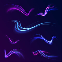 Light arc in neon colors, in the form of a turn. Creative vector illustration of flying cosmic meteor, planetoid, comet, fireball isolated on transparent background. Effect, png, wave,neon,line. 