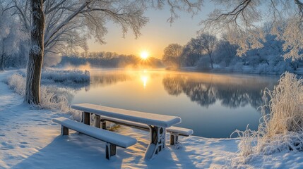 Snowy sunrise over tranquil lake with picnic table.