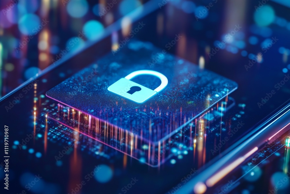 Aufkleber digital security concept with glowing padlock symbol on smartphone screen surrounded by data streams