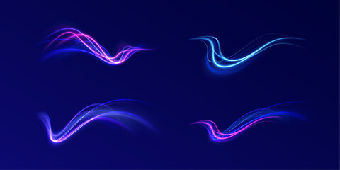 Horizontal speed lines connection vector background. Futuristic dynamic motion technology blue glowing lines air flow effect.  Racing cars dynamic flash effects city road with long exposure. 