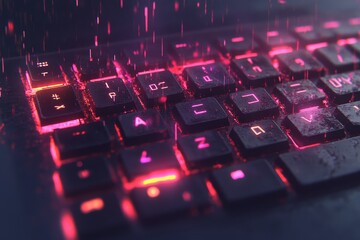 Fototapeta premium Close-Up of a Modern Gaming Keyboard with Neon Lighting and Water Droplets, Evoking a Futuristic and Dynamic Atmosphere in a Dark Environment