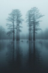 Fototapeta premium Fog blankets a serene swamp, where only the silhouettes of trees emerge, creating a mysterious and tranquil atmosphere