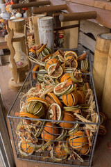 compositions of dried fruits: dried oranges, cinnamon sticks and star anise with pine cones